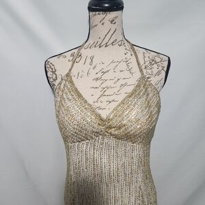 Y2K Mia Bella Gold Heavy Beaded Halter Evening Formal Gown W Low Back. Size 10.